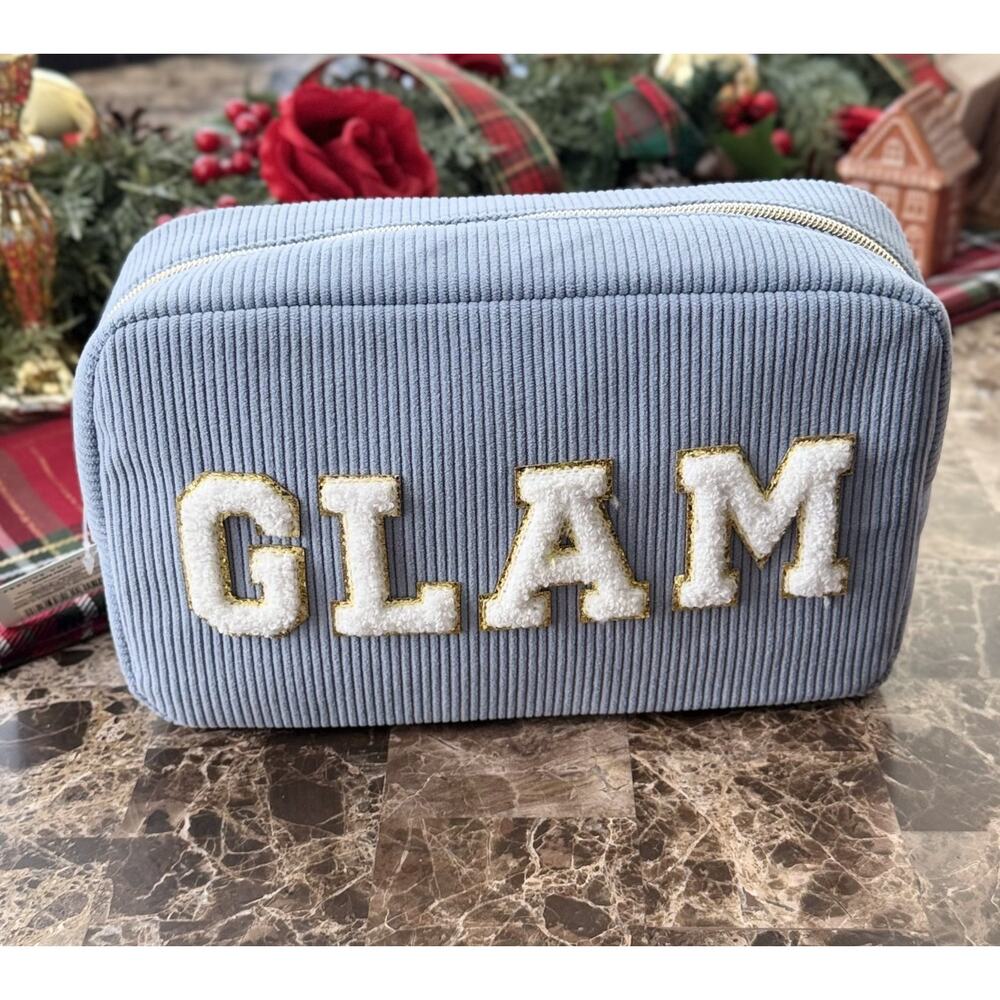 Festive Voice Corduroy Zippered Pouch - Blue "GLAM" Cosmetic/Travel Bag (NWT)